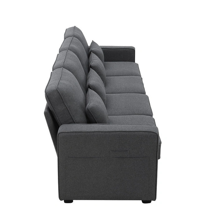 Canapé rembourré avec poches accoudoirs et 4 oreillers, canapé 4 places moderne en tissu lin de style minimaliste