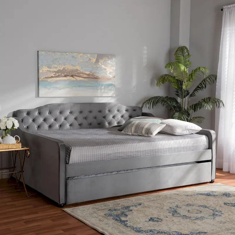Lit de repos en velours touffeté contemporain Titus Silver Orchid avec lit gigogne