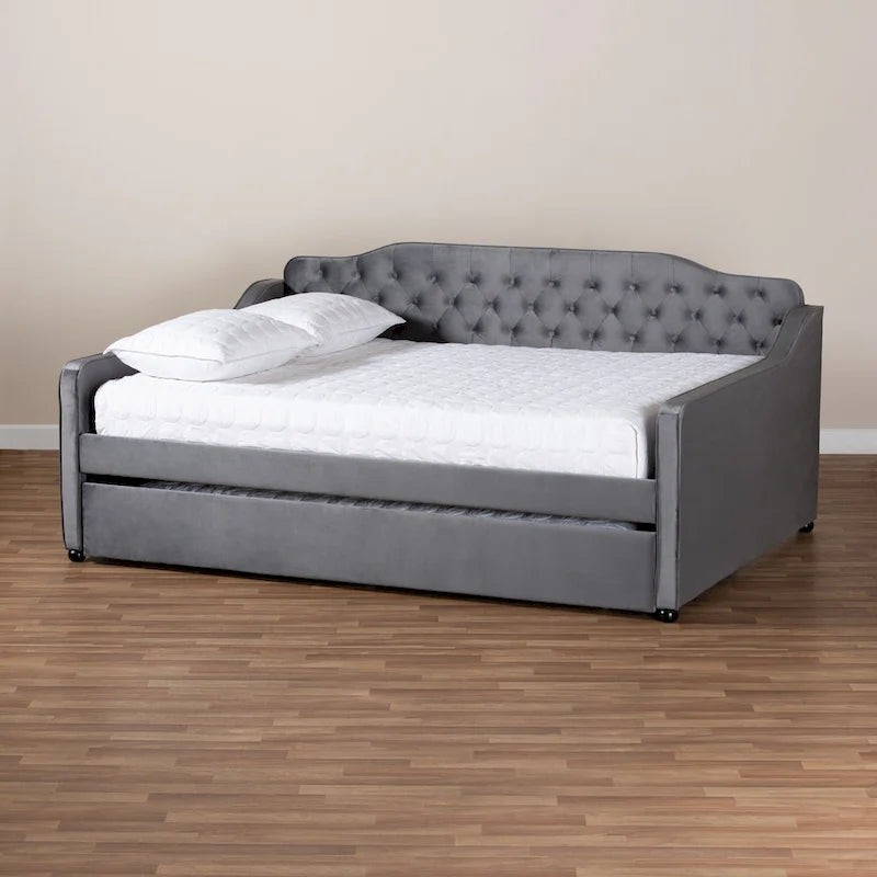 Lit de repos en velours touffeté contemporain Titus Silver Orchid avec lit gigogne