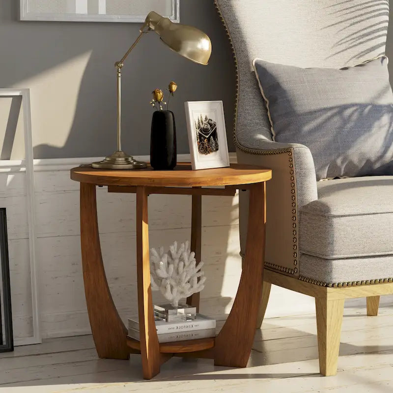 Table d'appoint rustique COZAYH avec étagère de rangement, Table d'appoint ronde de style campagnard français