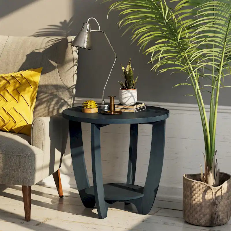Table d'appoint rustique COZAYH avec étagère de rangement, Table d'appoint ronde de style campagnard français