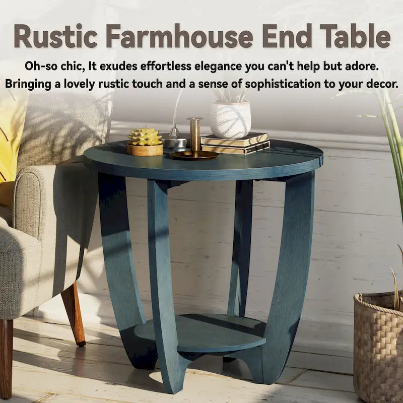 Table d'appoint rustique COZAYH avec étagère de rangement, Table d'appoint ronde de style campagnard français