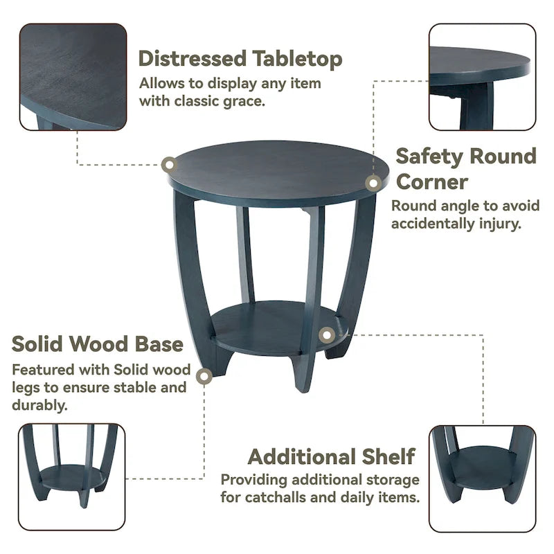 Table d'appoint rustique COZAYH avec étagère de rangement, Table d'appoint ronde de style campagnard français