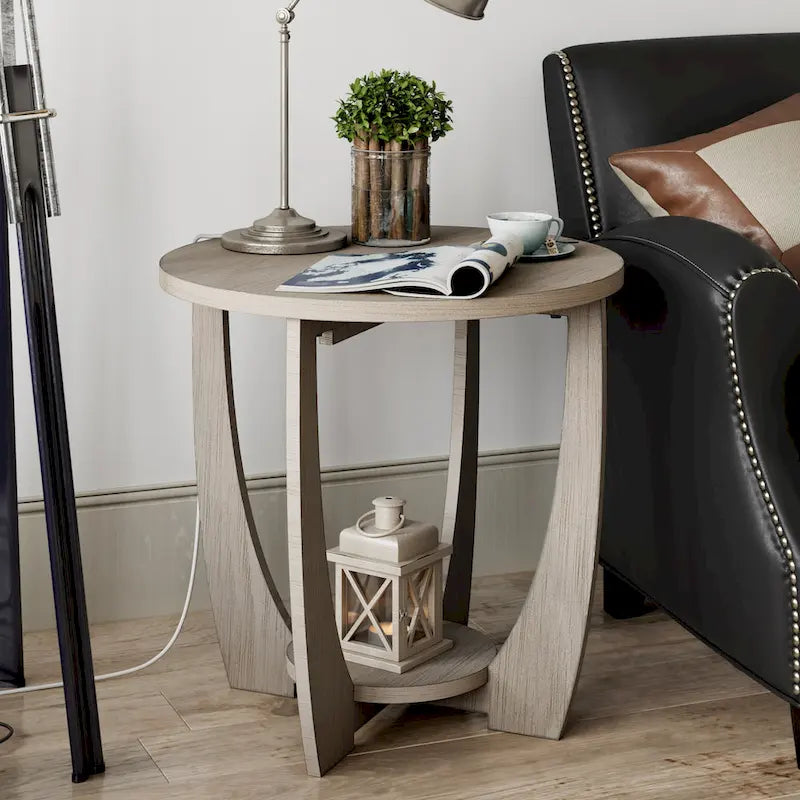 Table d'appoint rustique COZAYH avec étagère de rangement, Table d'appoint ronde de style campagnard français
