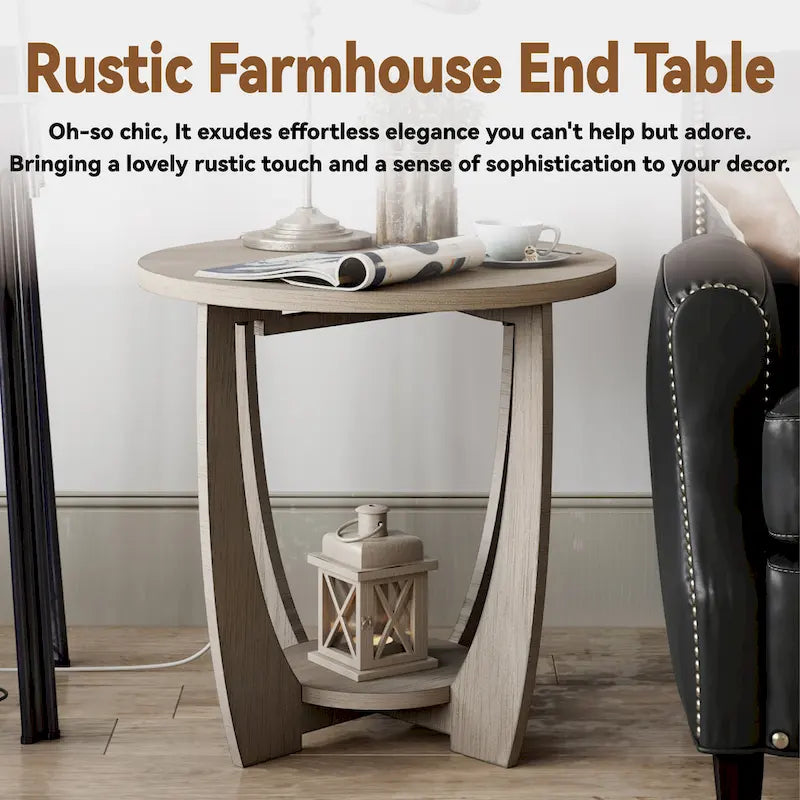 Table d'appoint rustique COZAYH avec étagère de rangement, Table d'appoint ronde de style campagnard français