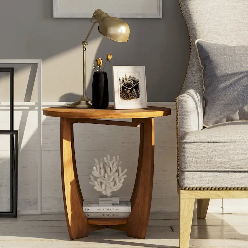 Table d'appoint rustique COZAYH avec étagère de rangement, Table d'appoint ronde de style campagnard français