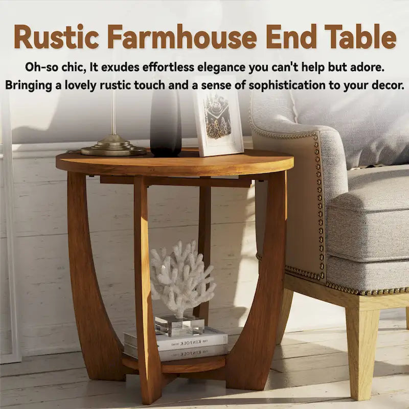 Table d'appoint rustique COZAYH avec étagère de rangement, Table d'appoint ronde de style campagnard français
