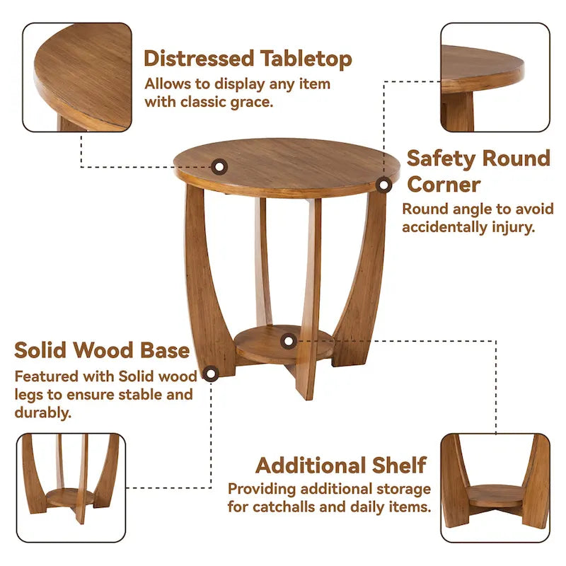 Table d'appoint rustique COZAYH avec étagère de rangement, Table d'appoint ronde de style campagnard français