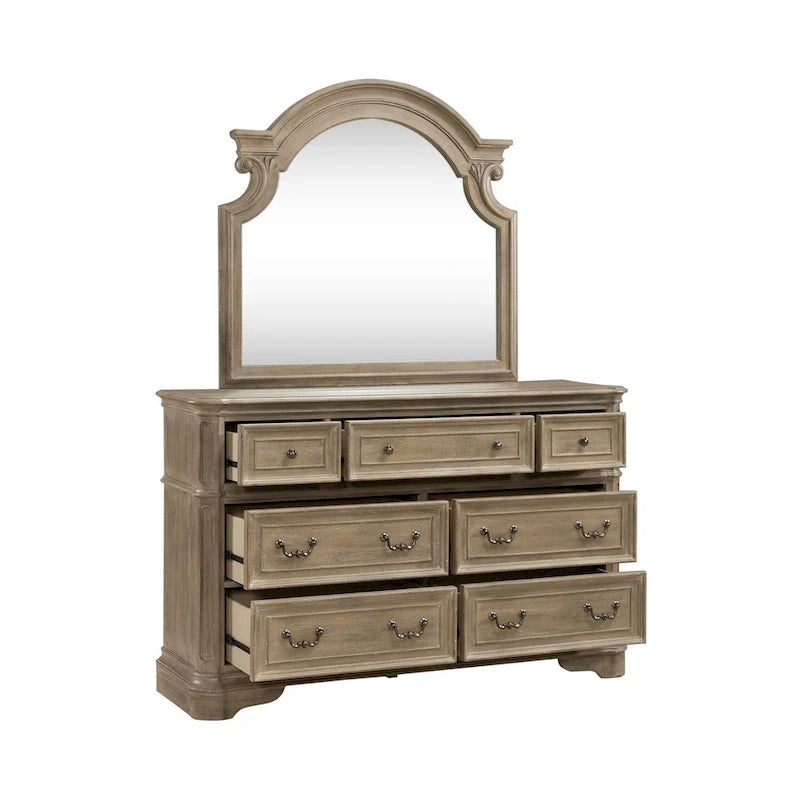 Ensemble de lit tapissé, commode avec miroir et table de nuit Magnolia Manor