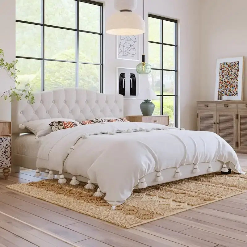 Lit Plateforme King Size, Rembourré Moderne avec Tête de Lit, Cadre de Lit Robuste Capitonnée avec Support à Lattes en Bois, Beige