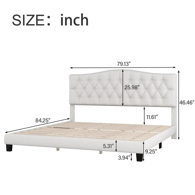 Lit Plateforme King Size, Rembourré Moderne avec Tête de Lit, Cadre de Lit Robuste Capitonnée avec Support à Lattes en Bois, Beige