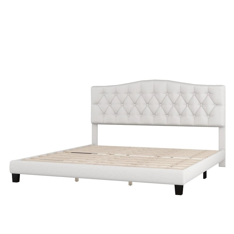 Lit Plateforme King Size, Rembourré Moderne avec Tête de Lit, Cadre de Lit Robuste Capitonnée avec Support à Lattes en Bois, Beige