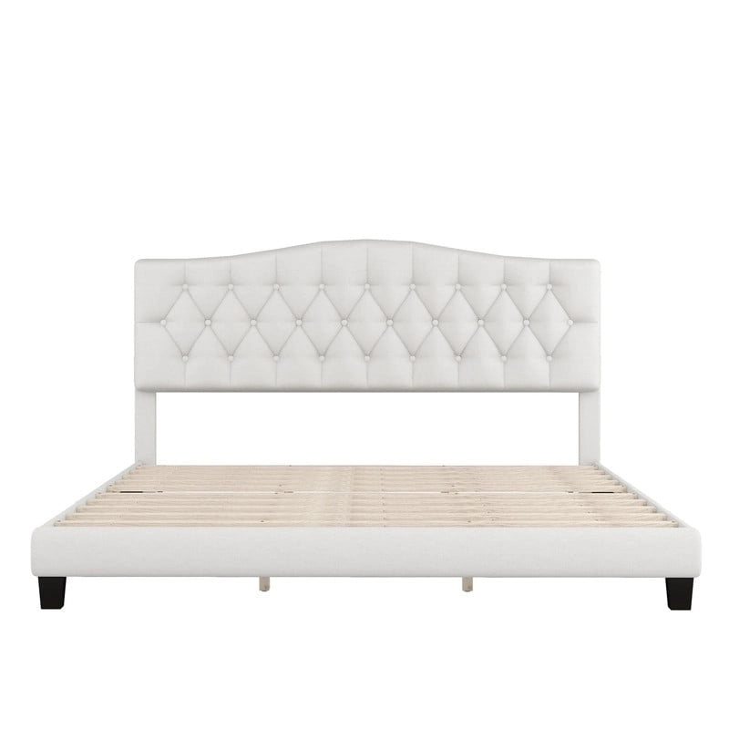 Lit Plateforme King Size, Rembourré Moderne avec Tête de Lit, Cadre de Lit Robuste Capitonnée avec Support à Lattes en Bois, Beige