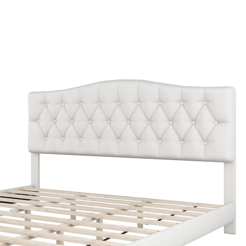Lit Plateforme King Size, Rembourré Moderne avec Tête de Lit, Cadre de Lit Robuste Capitonnée avec Support à Lattes en Bois, Beige