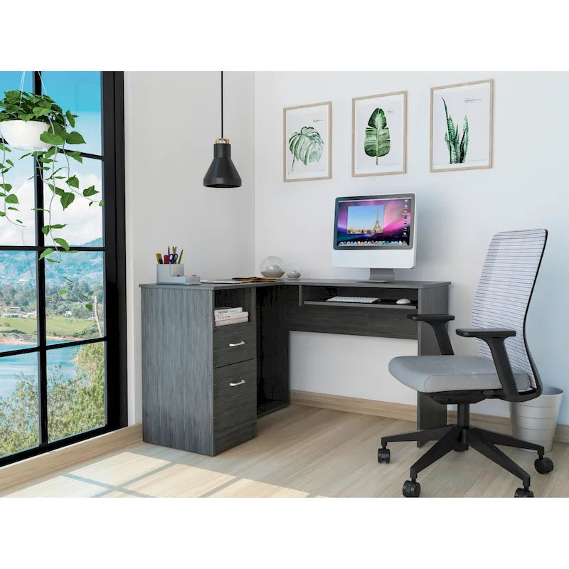 Bureau en L FM Furniture Raleigh avec deux tiroirs, une étagère et rangement pour unité centrale