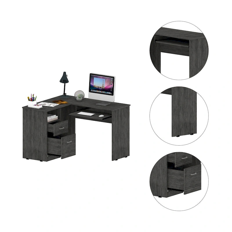 Bureau en L FM Furniture Raleigh avec deux tiroirs, une étagère et rangement pour unité centrale