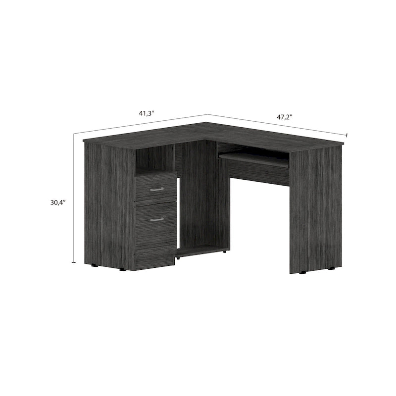 Bureau en L FM Furniture Raleigh avec deux tiroirs, une étagère et rangement pour unité centrale