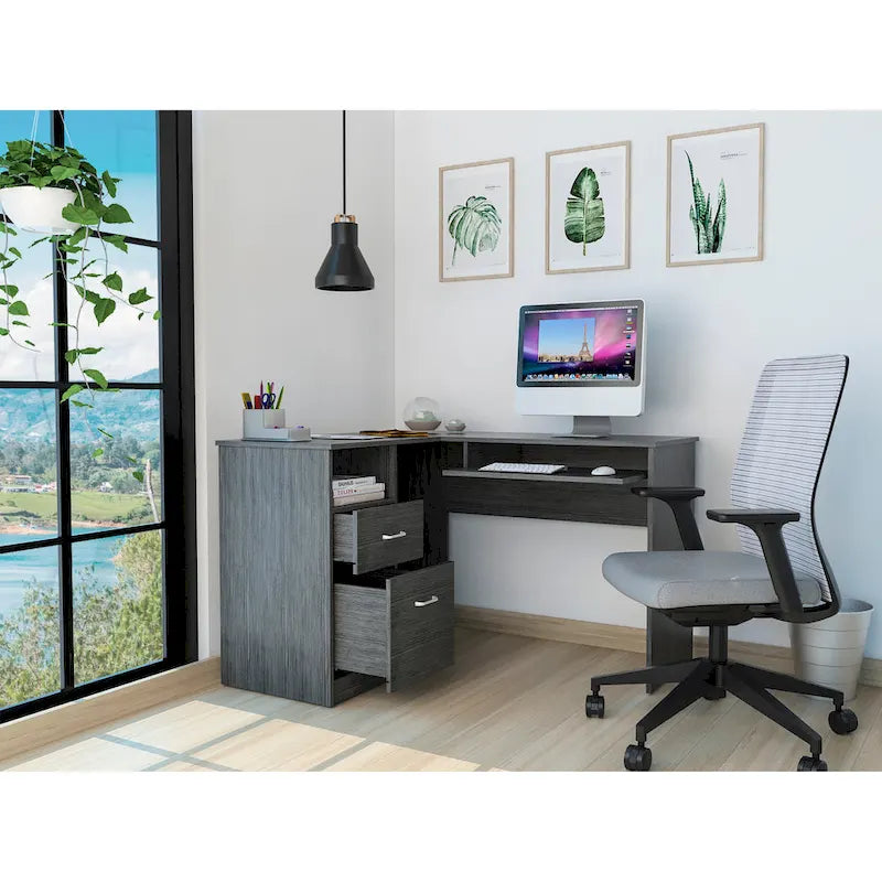 Bureau en L FM Furniture Raleigh avec deux tiroirs, une étagère et rangement pour unité centrale