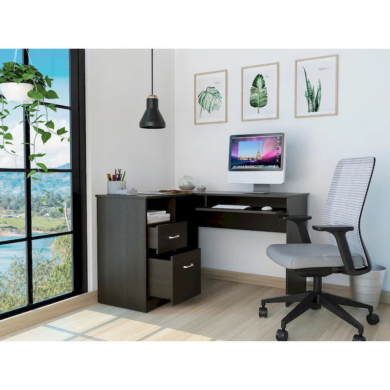 Bureau en L FM Furniture Raleigh avec deux tiroirs, une étagère et rangement pour unité centrale