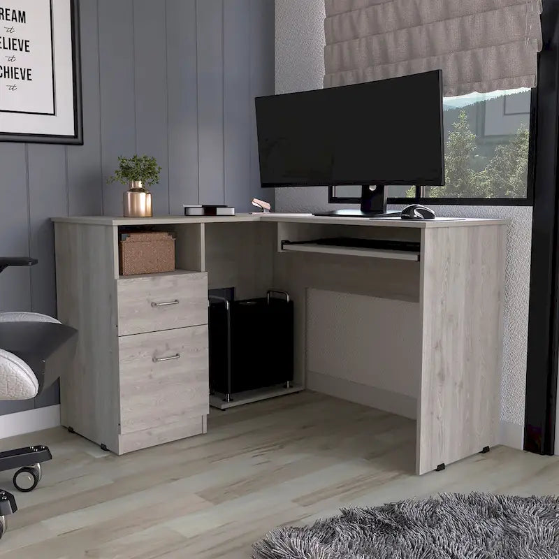 Bureau en L FM Furniture Raleigh avec deux tiroirs, une étagère et rangement pour unité centrale