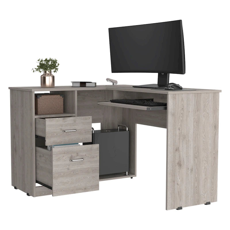 Bureau en L FM Furniture Raleigh avec deux tiroirs, une étagère et rangement pour unité centrale