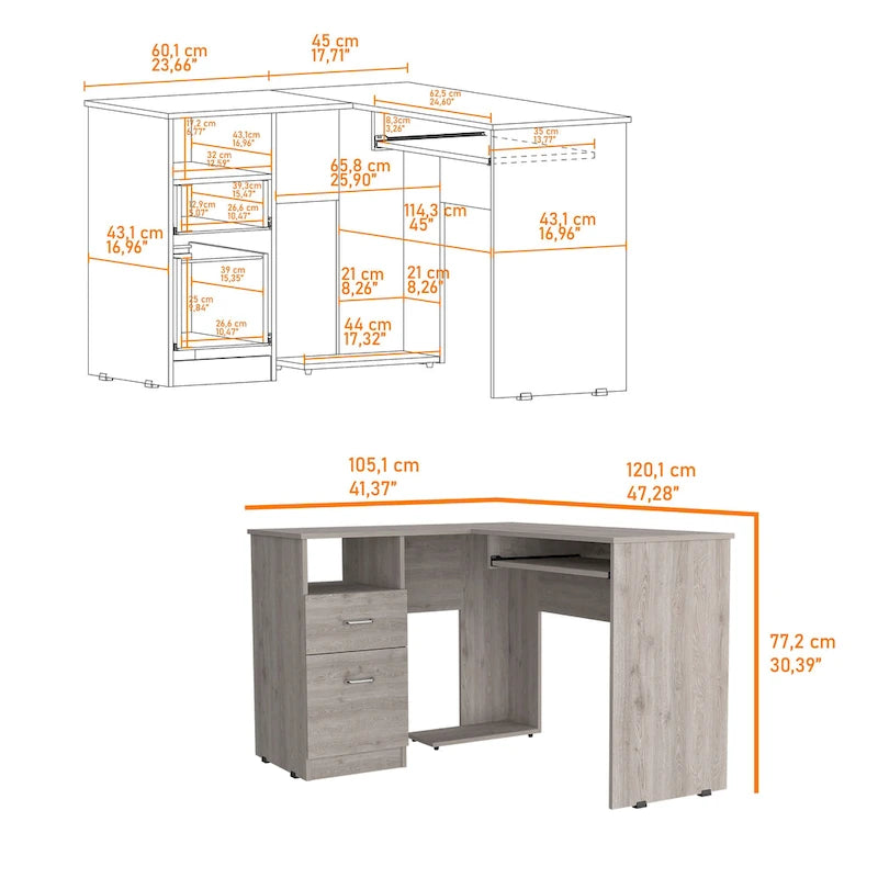 Bureau en L FM Furniture Raleigh avec deux tiroirs, une étagère et rangement pour unité centrale