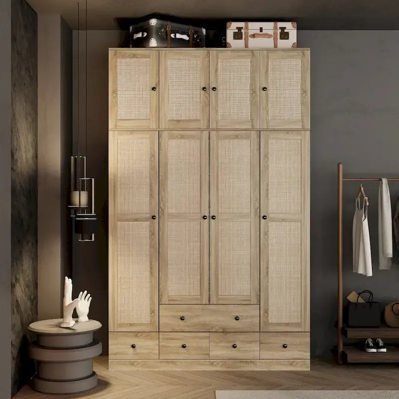 Armoire avec accents en rotin – Organiseur de vêtements spacieux et stylé