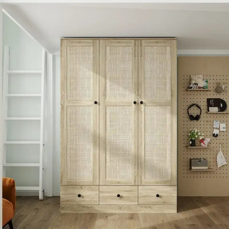 Armoire avec accents en rotin – Organiseur de vêtements spacieux et stylé