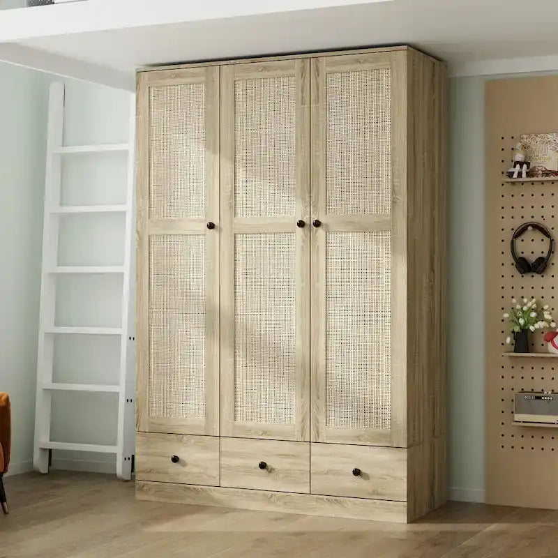 Armoire avec accents en rotin – Organiseur de vêtements spacieux et stylé