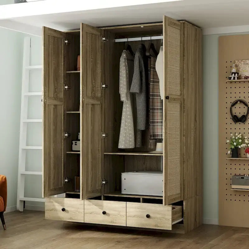 Armoire avec accents en rotin – Organiseur de vêtements spacieux et stylé