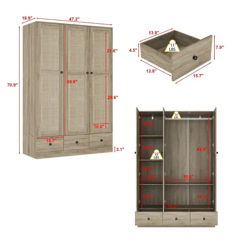 Armoire avec accents en rotin – Organiseur de vêtements spacieux et stylé
