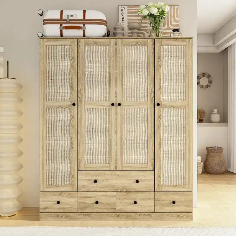 Armoire avec accents en rotin – Organiseur de vêtements spacieux et stylé