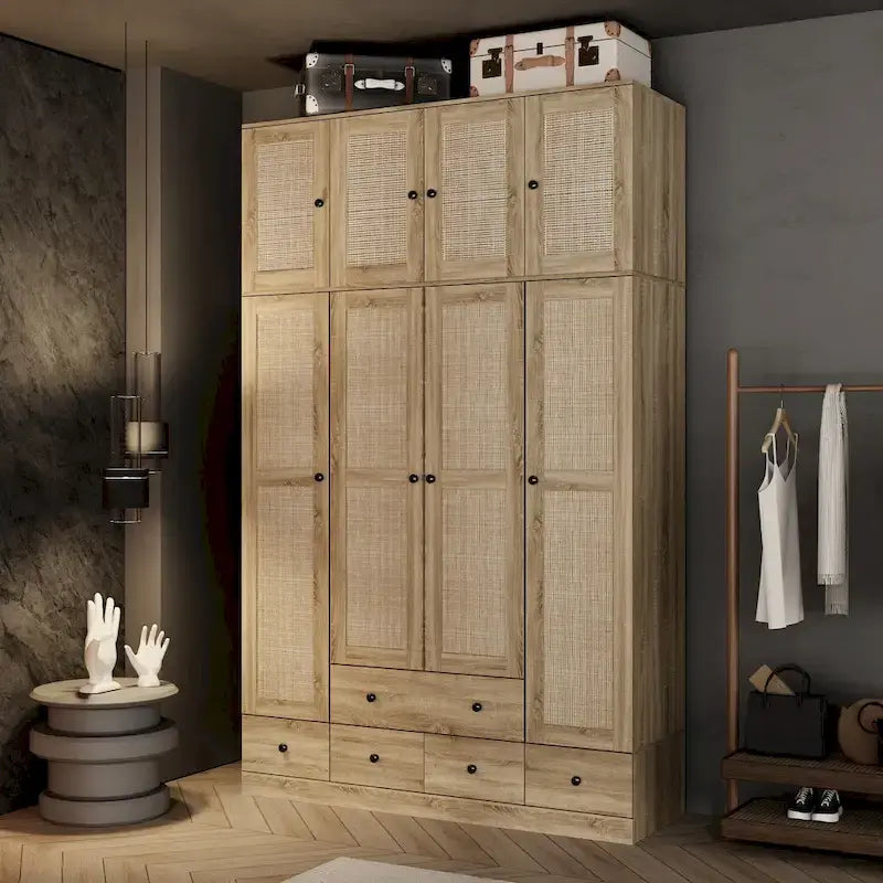 Armoire avec accents en rotin – Organiseur de vêtements spacieux et stylé