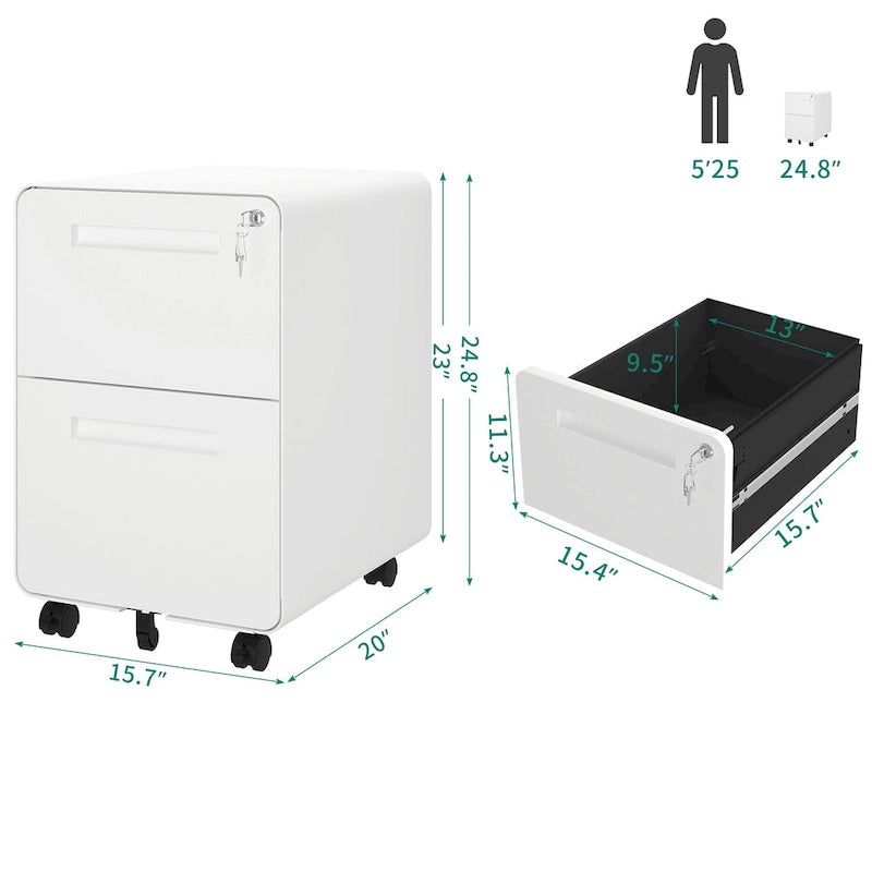 Meuble de rangement à roulettes en acier à 2 tiroirs avec serrure, 24,8 po, moderne