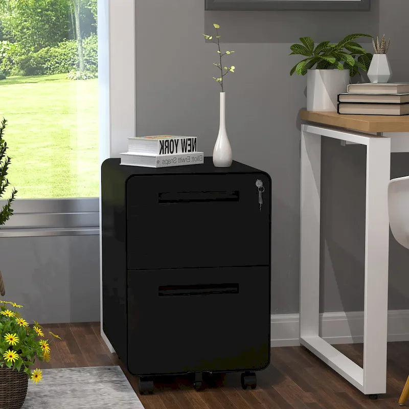 Meuble de rangement à roulettes en acier à 2 tiroirs avec serrure, 24,8 po, moderne