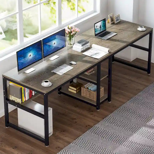 78.7 Two Person Desk with Bookshelf, Office Double Desk for Two Person