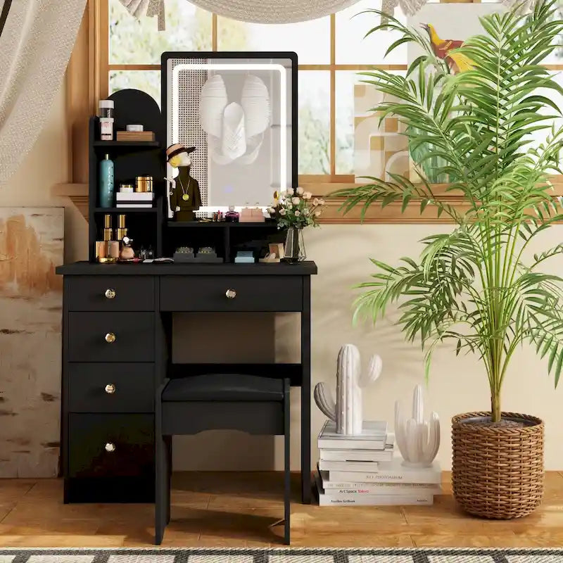 Coiffeuse avec miroir et lampe, meuble de maquillage avec tabouret