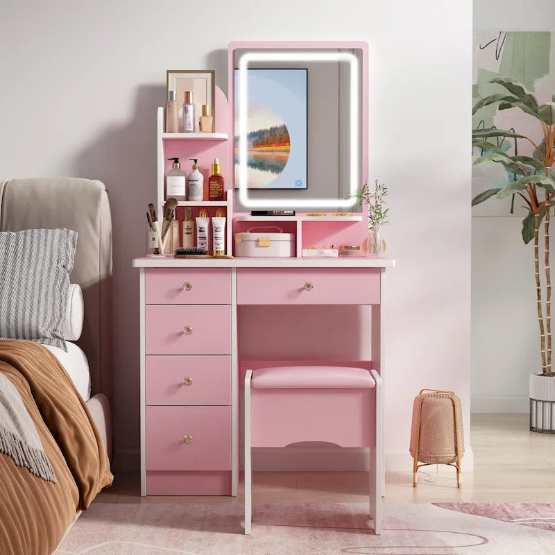Coiffeuse avec miroir et lampe, meuble de maquillage avec tabouret