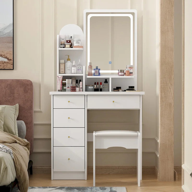 Coiffeuse avec miroir et lampe, meuble de maquillage avec tabouret