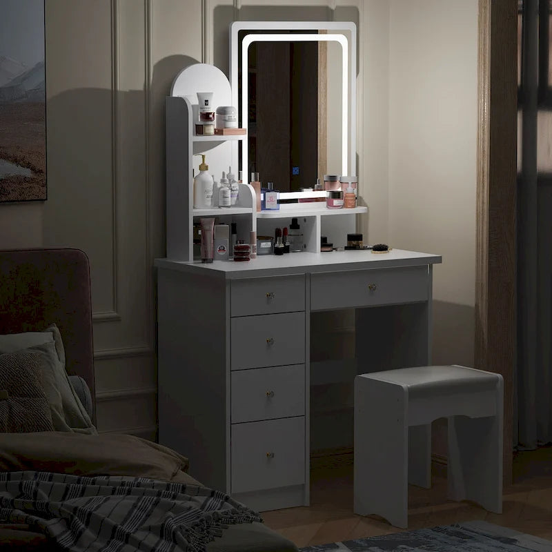 Coiffeuse avec miroir et lampe, meuble de maquillage avec tabouret