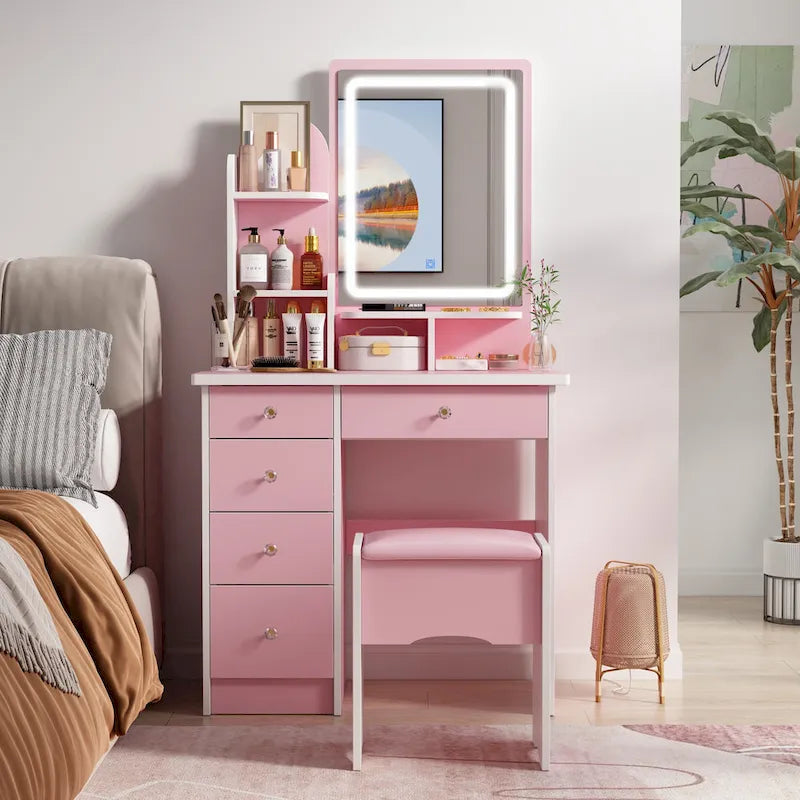 Coiffeuse avec miroir et lampe, meuble de maquillage avec tabouret