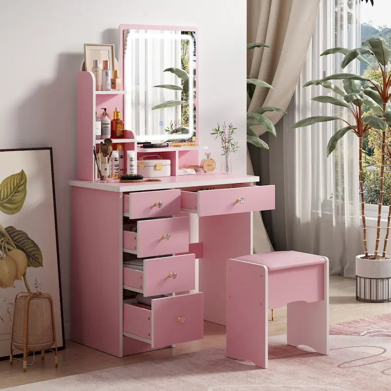 Coiffeuse avec miroir et lampe, meuble de maquillage avec tabouret
