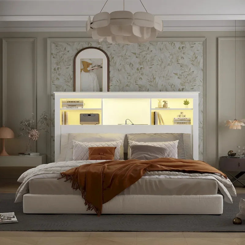 Tête de lit bibliothèque 65Timechee Queen avec lumière RGB et étagère réglable