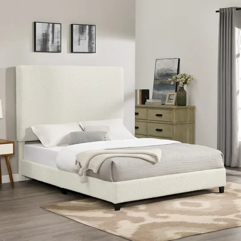  Tall White Boucle Panel Headboard Upholstered Platform Bed