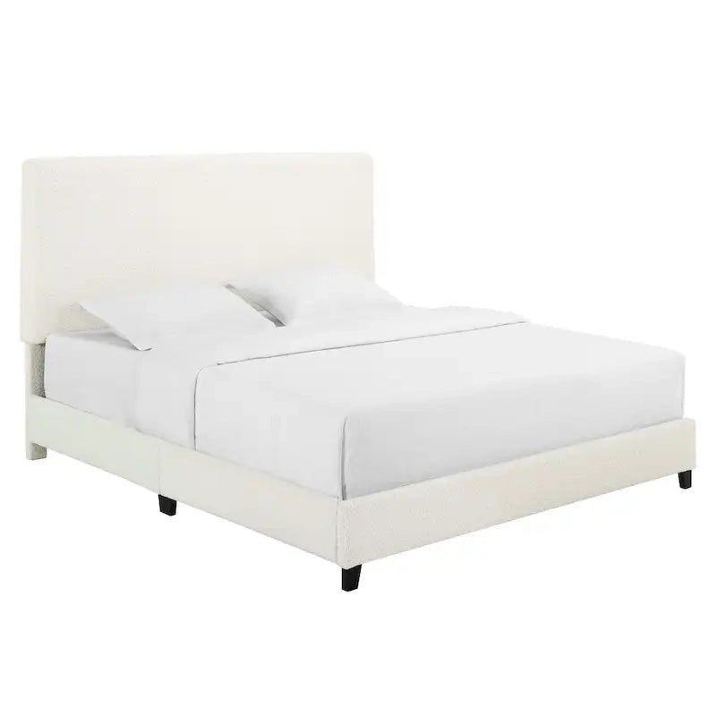 Lit plateforme capitonné avec tête de lit haute en bouclé blanc