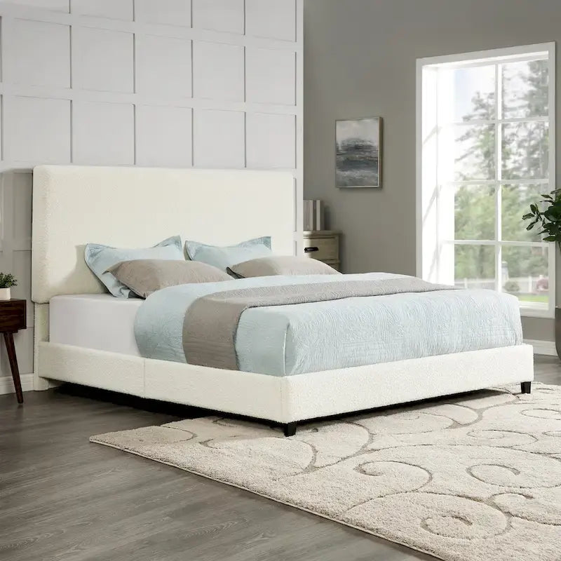 Lit plateforme capitonné avec tête de lit haute en bouclé blanc