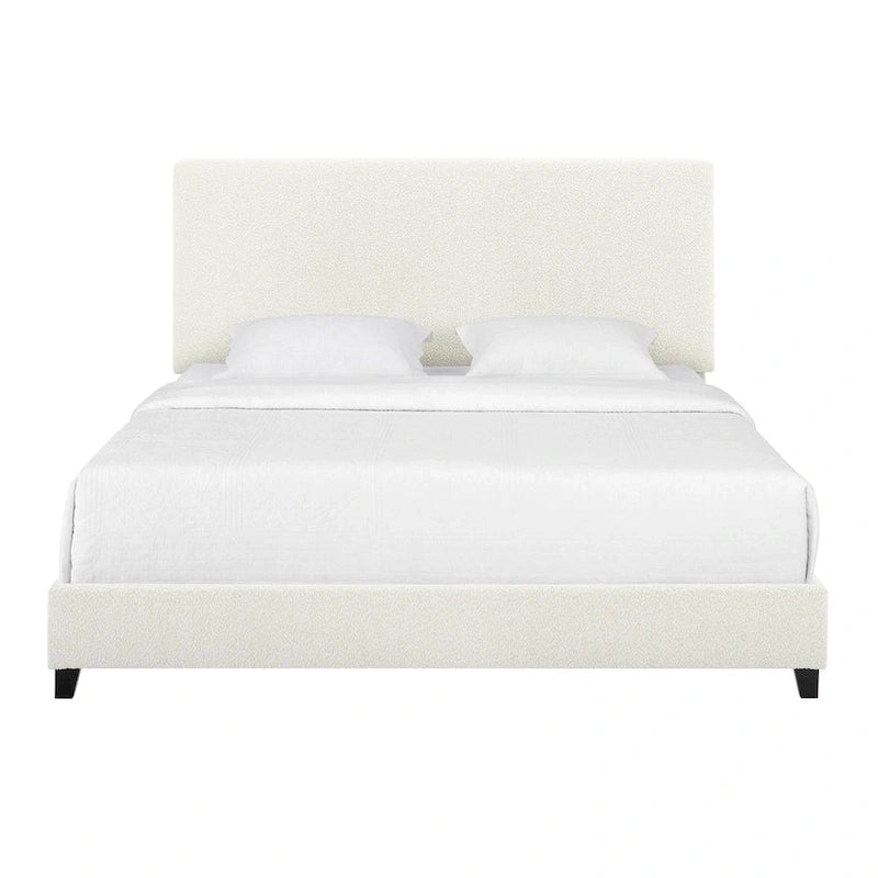Lit plateforme capitonné avec tête de lit haute en bouclé blanc