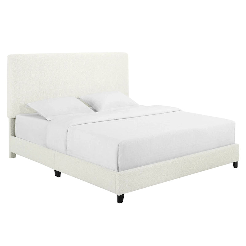 Lit plateforme capitonné avec tête de lit haute en bouclé blanc