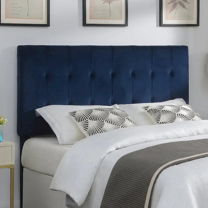 Tête de lit capitonnée grand lit en velours bleu marine Roseau Steve Silver