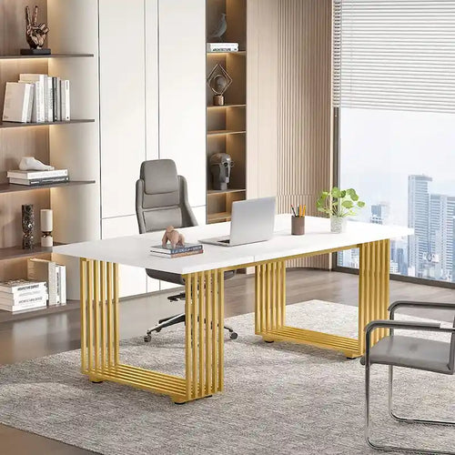 70.9 Modern Office Desk Wood Computer Desk, White Gold Executive Desk